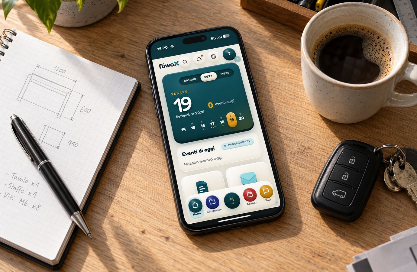 Appuntamento fissato in fliwoX dalla scrivania, agenda della settimana sul telefono
