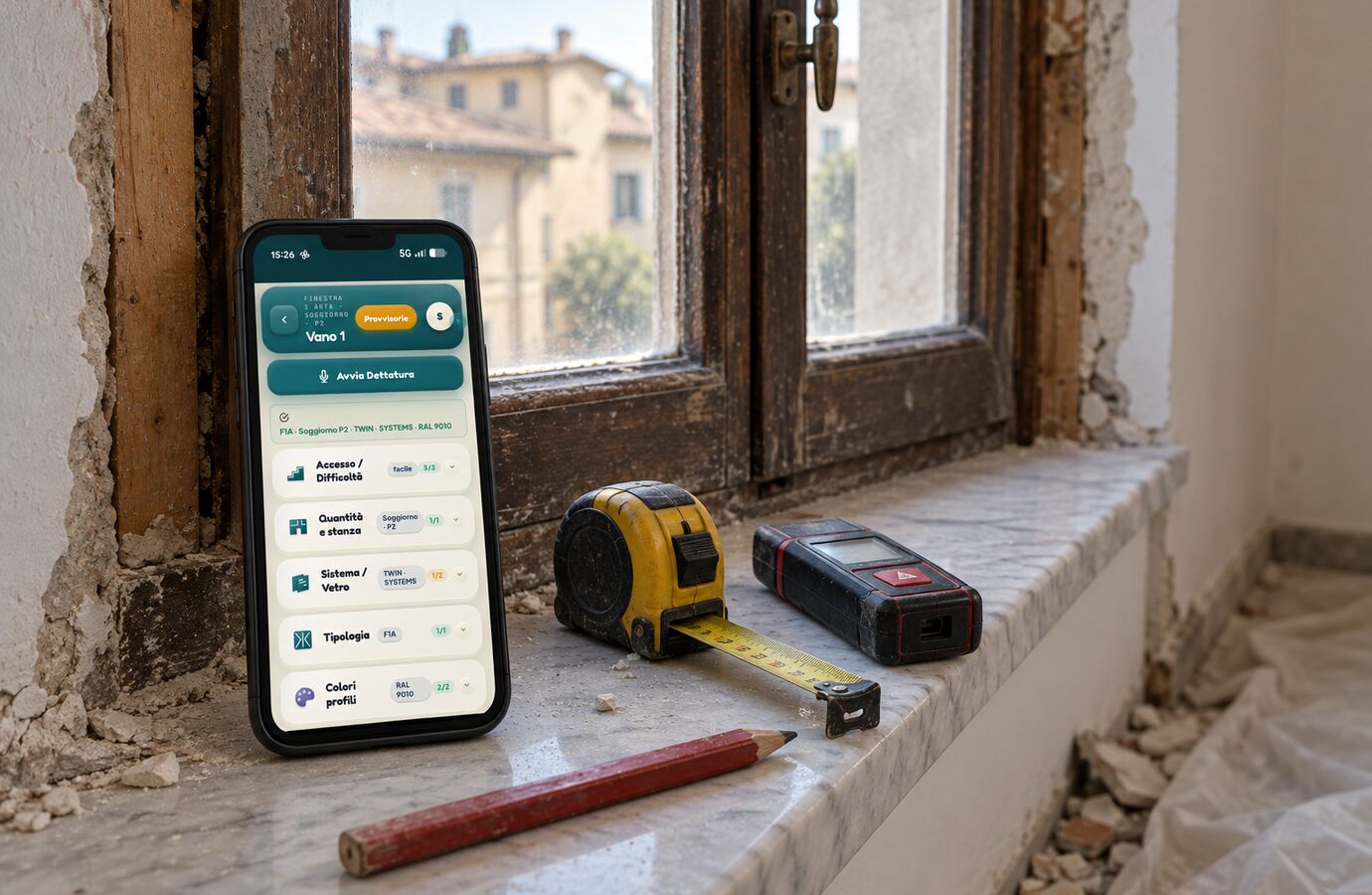 Rilievo di un vano da sostituire: misure sul telefono, metro e laser sul davanzale