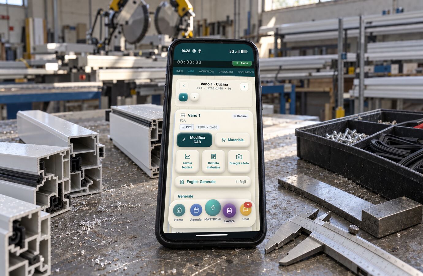 La scheda di produzione aperta in officina, sul banco accanto ai profili